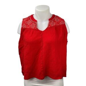 Knox Rose Women's Red Sleeveless Floral Cotton Gauze Crop Blouse Tank Top Sz XXL